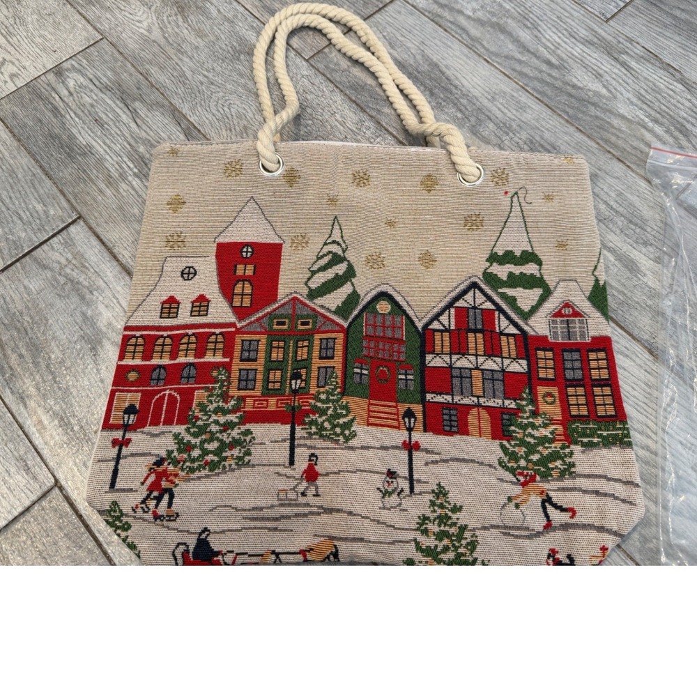 Christmas Holiday Tote Bag Tapestry Shoulder Purse Winter Village Reusable NWT